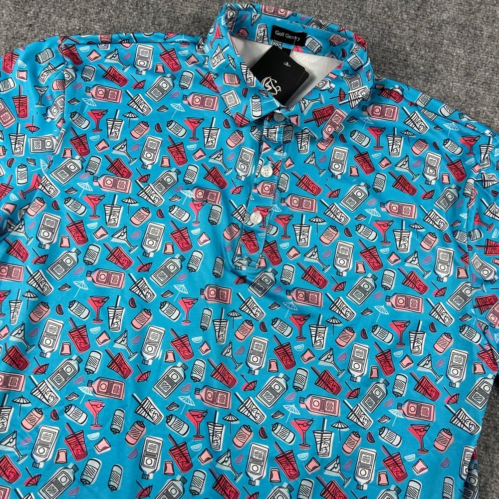 Golf Gentry Polo Shirt Mens L Blue Cocktail Drink Print Performance Golfing New